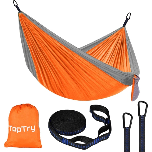 Hamac de camping simple double avec sangles pour arbre, Hamac portatif en nylon pour le camping, sac à dos, plein air, plage, jardin, orange et gris,