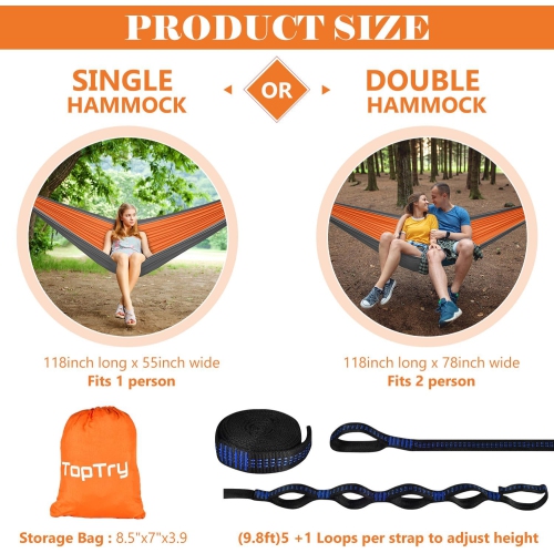 Hamac de camping simple double avec sangles pour arbre, Hamac portatif en nylon pour le camping, sac à dos, plein air, plage, jardin, orange et gris,