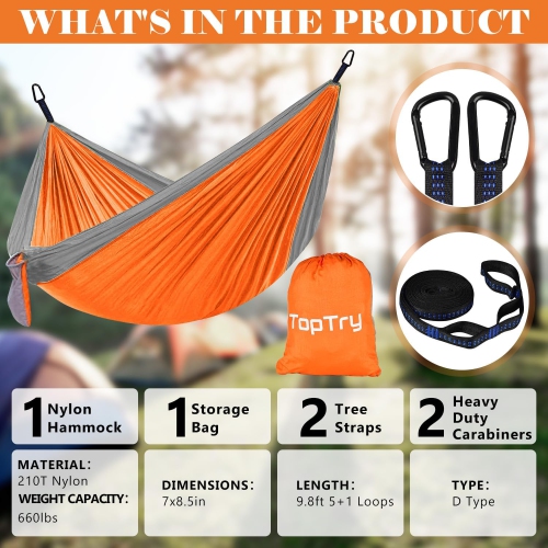 Hamac de camping simple double avec sangles pour arbre, Hamac portatif en nylon pour le camping, sac à dos, plein air, plage, jardin, orange et gris,