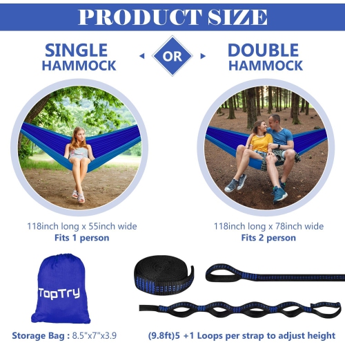 Hamac de camping simple double avec sangles pour arbre, Hamac portatif en nylon pour le camping, sac à dos, plein air, plage, jardin, bleu foncé et