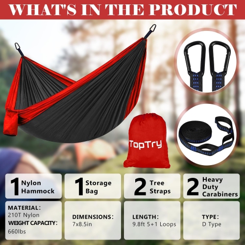 Hamac de camping simple double avec sangles pour arbre, Hamac portatif en nylon pour le camping, sac à dos, plein air, plage, jardin, noir et rouge,