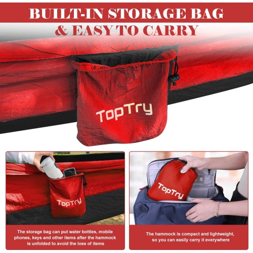 Hamac de camping simple double avec sangles pour arbre, Hamac portatif en nylon pour le camping, sac à dos, plein air, plage, jardin, noir et rouge,