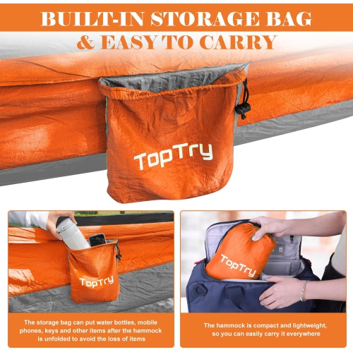 Hamac de camping simple double avec sangles pour arbre, Hamac portatif en nylon pour le camping, sac à dos, plein air, plage, jardin, orange et gris,