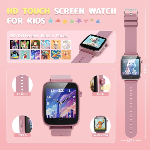 Montre intelligente pour filles Jouets Âge 4-12, Montre intelligente avec caméra 26 Puzzle Games Réveil, Montre intelligente Cadeau d'anniversaire