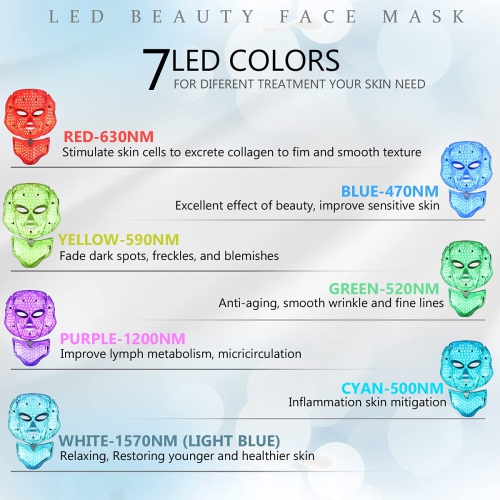 LED Light Therapy Face Mask 7-Color Skin Rejuvenation Therapy Photon Mask Facial Skin Care-White