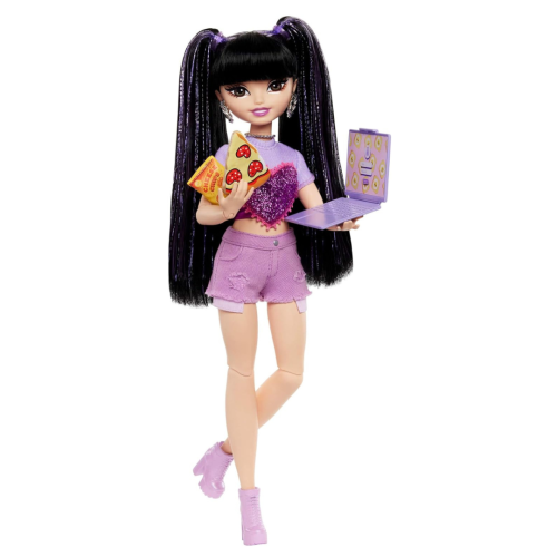 Barbie Dream Besties Doll & Accessories Playset, Renee Posable Fashion Doll with Long Black Hair, 11 Food & Video-Themed Pieces