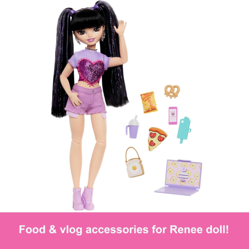 Barbie Dream Besties Doll & Accessories Playset, Renee Posable Fashion Doll with Long Black Hair, 11 Food & Video-Themed Pieces