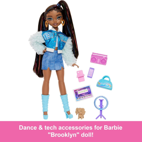 Barbie Dream Besties Doll & Accessories Playset, Barbie “Brooklyn” Posable Fashion Doll with Long Black Hair, 9 Music-Themed Pieces