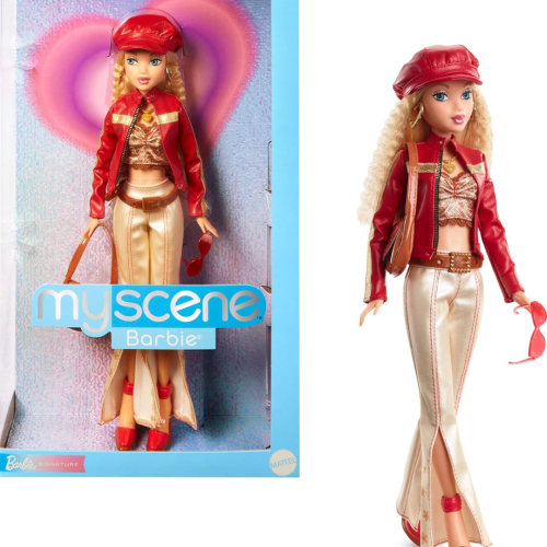 Barbie Signature My Scene Doll & Accessories, in Y2K-Inspired Outfit with Pleather Jacket, Flare Pants, Saddle Bag & Display Stand
