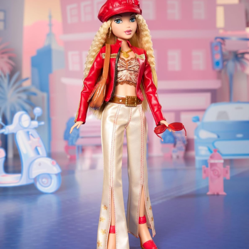 Barbie Signature My Scene Doll & Accessories, in Y2K-Inspired Outfit with Pleather Jacket, Flare Pants, Saddle Bag & Display Stand