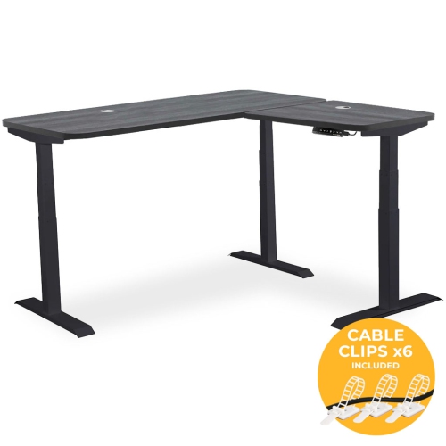 MotionGrey L Shape-Triple Motors Standing Desk with Memory Settings-71"x65" Black Oak Top Black Frame-Adjustable Sit-Stand Computer Table for Home,