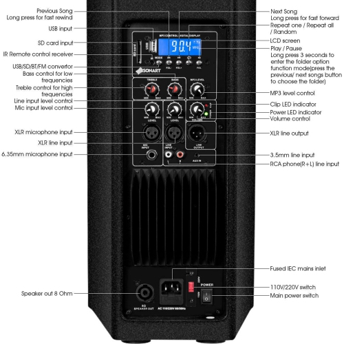 Haut-parleur de sonorisation 2000 W tout-en-un 3 voies 6,5 po Active de Costway avec Bluetooth, entrée USB/carte SD, radio FM MP3,
