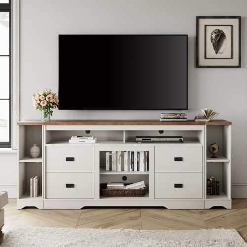 Image 1 of 7.. WAMPAT Farmhouse 85 in TV Stand,3 in 1 Wood Entertainment Center with Drawers and Adjustable Shelf, Tall Media Console with Open Storage Space for