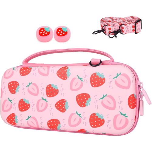 Étui de transport pour Switch & OLED, sac de voyage mignon à motif rose intérieur avec bandoulière réglable, Fraise