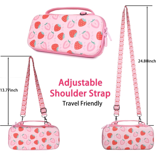Étui de transport pour Switch & OLED, sac de voyage mignon à motif rose intérieur avec bandoulière réglable, Fraise