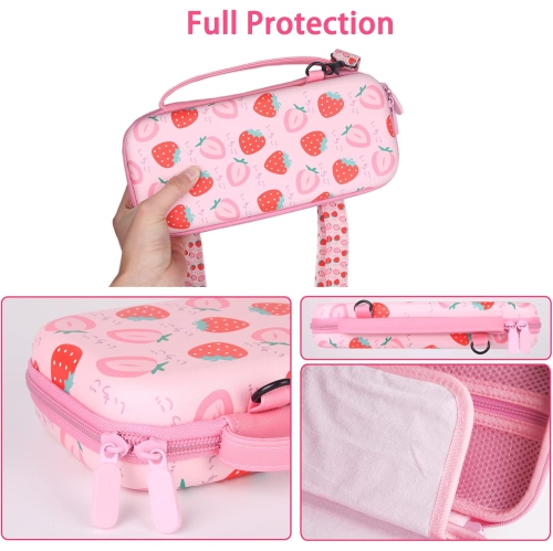 Étui de transport pour Switch & OLED, sac de voyage mignon à motif rose intérieur avec bandoulière réglable, Fraise