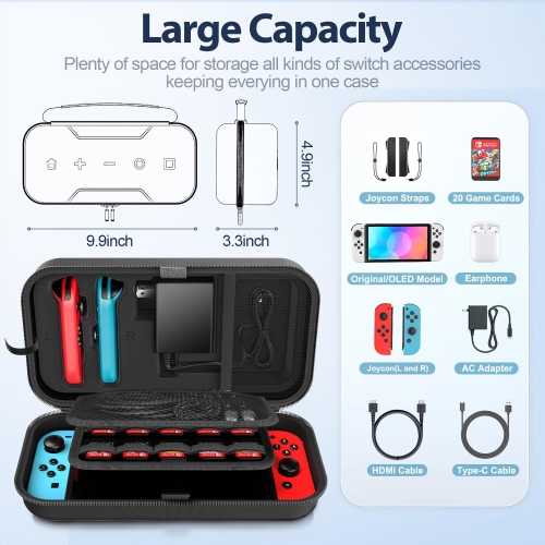 Switch Carrying Case Compatible with Nintendo Switch & Switch OLED, Portable Switch Travel Carry Case for Joy-Con and Adapter, Switch Pouch Case with