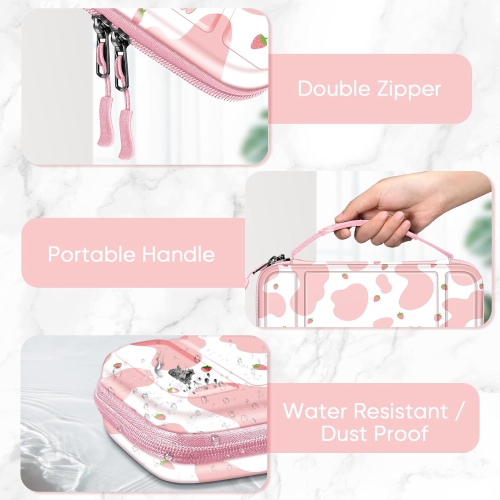 Carrying Case for Switch & OLED, Cute Travel Bag in Pretty Pattern Design of Pink Interior with an Adjustable Shoulder Strap, Strawberry Cow