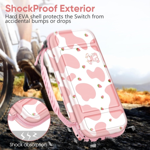 Carrying Case for Switch & OLED, Cute Travel Bag in Pretty Pattern Design of Pink Interior with an Adjustable Shoulder Strap, Strawberry Cow