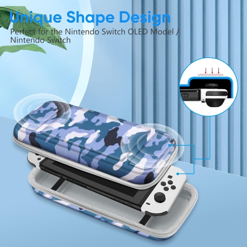 Carrying Case for Switch & OLED, Cute Travel Bag in Pretty Pattern Design of Pink Interior with an Adjustable Shoulder Strap, Camo Blue