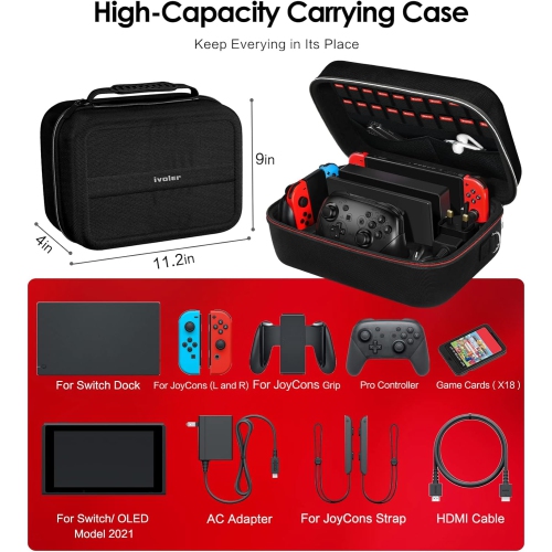 Carrying Storage Case for Nintendo Switch/Switch OLED Model, Portable Travel Protective Hard Messenger Bag Soft Lining 18 Games for Switch Console