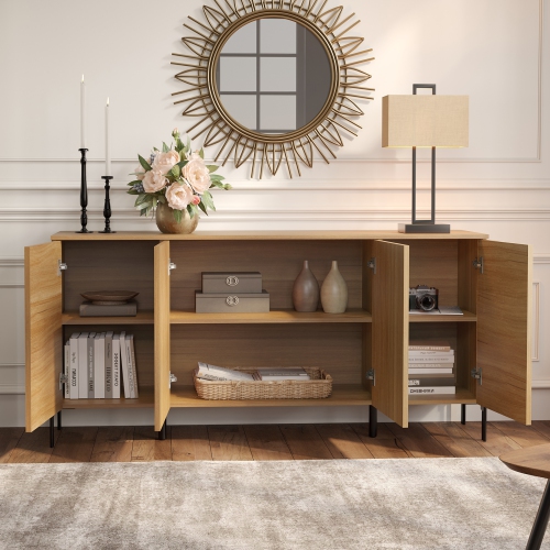 WAMPAT Fluted Sideboard Buffet Cabinet, 61.6" Kitchen Storage Cabinets with 4 Doors & Shelves, Modern Coffee Bar Accent Cabinet Wood Credenza for