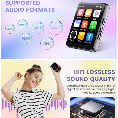 64GB MP3 Player with Bluetooth,Touch Screen Mini MP3 Player,Portable Music Player Walkman with Speaker,FM Radio,Recording,Ebook-Black