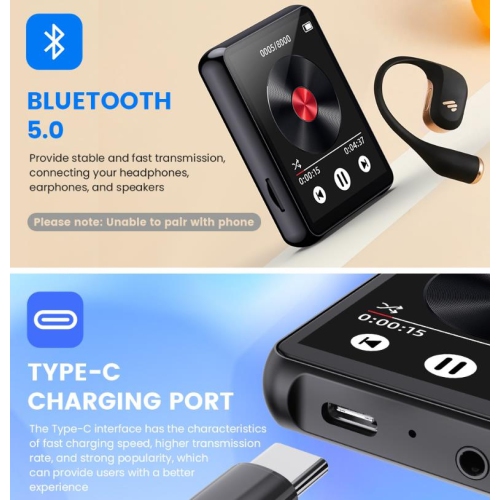 64GB MP3 Player with Bluetooth,Touch Screen Mini MP3 Player,Portable Music Player Walkman with Speaker,FM Radio,Recording,Ebook-Black