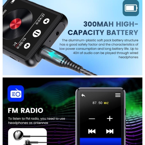 64GB MP3 Player with Bluetooth,Touch Screen Mini MP3 Player,Portable Music Player Walkman with Speaker,FM Radio,Recording,Ebook-Black
