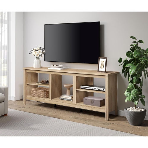 Image 1 of 8.. WAMPAT Farmhouse TV Stand for TVs up to 75 Inch, Oak Entertainment Center for 80 inch TV Console Table with 5 Cubby Storages for Living Room Bedroom,