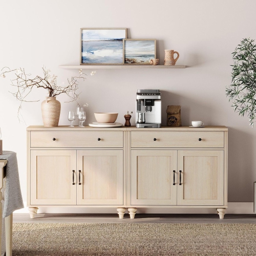 WAMPAT Buffet Cabinet with 4 Doors and 2 Drawers, Large Coffee Bar Tables Wood Kitchen Storage Cabinets, Modern Farmhouse Sideboard Credenza for
