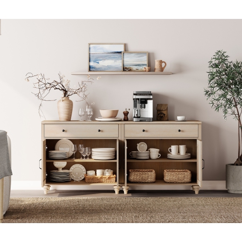 WAMPAT Buffet Cabinet with 4 Doors and 2 Drawers, Large Coffee Bar Tables Wood Kitchen Storage Cabinets, Modern Farmhouse Sideboard Credenza for