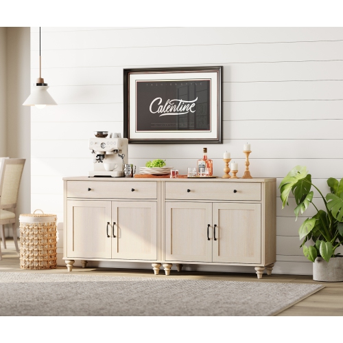 WAMPAT Buffet Cabinet with 4 Doors and 2 Drawers, Large Coffee Bar Tables Wood Kitchen Storage Cabinets, Modern Farmhouse Sideboard Credenza for