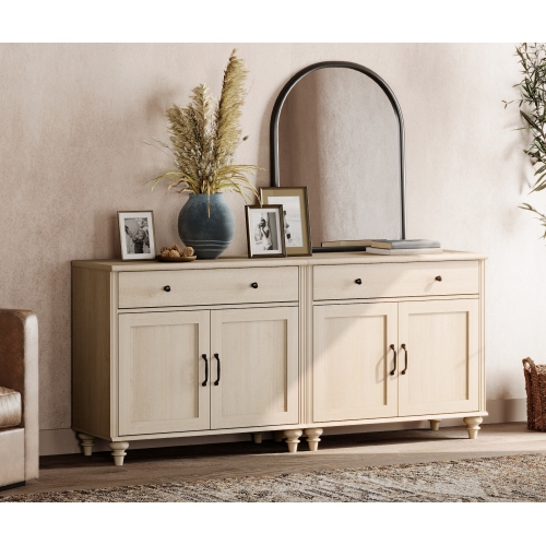 WAMPAT Buffet Cabinet with 4 Doors and 2 Drawers, Large Coffee Bar Tables Wood Kitchen Storage Cabinets, Modern Farmhouse Sideboard Credenza for