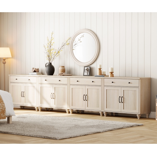 WAMPAT Buffet Cabinet with 8 Doors and 4 Drawers, Large Coffee Bar Tables Wood Kitchen Storage Cabinets, Modern Farmhouse Sideboard Credenza for