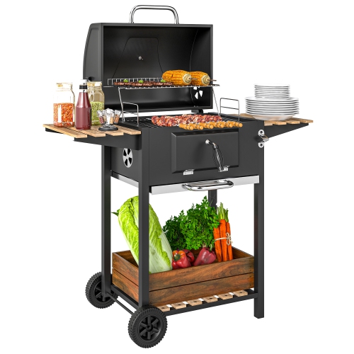 Outsunny Portable Outdoor Charcoal BBQ Grill with Adjustable Charcoal Pan, Barbecue Grill with Spacious Cooking Area, 3 Shelves, Thermometer, Wheels