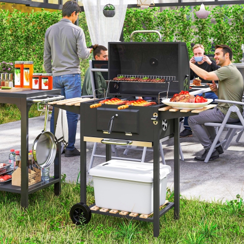 Outsunny Portable Outdoor Charcoal BBQ Grill with Adjustable Charcoal Pan, Barbecue Grill with Spacious Cooking Area, 3 Shelves, Thermometer, Wheels