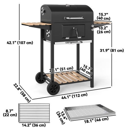 Outsunny Portable Outdoor Charcoal BBQ Grill with Adjustable Charcoal Pan, Barbecue Grill with Spacious Cooking Area, 3 Shelves, Thermometer, Wheels