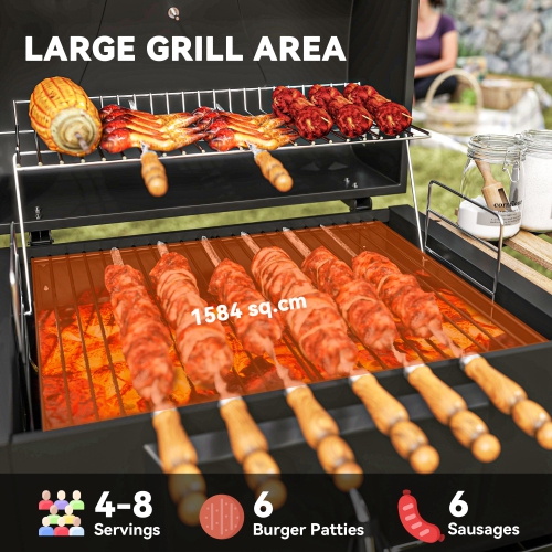 Outsunny Portable Outdoor Charcoal BBQ Grill with Adjustable Charcoal Pan, Barbecue Grill with Spacious Cooking Area, 3 Shelves, Thermometer, Wheels