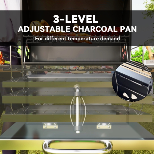 Outsunny Portable Outdoor Charcoal BBQ Grill with Adjustable Charcoal Pan, Barbecue Grill with Spacious Cooking Area, 3 Shelves, Thermometer, Wheels