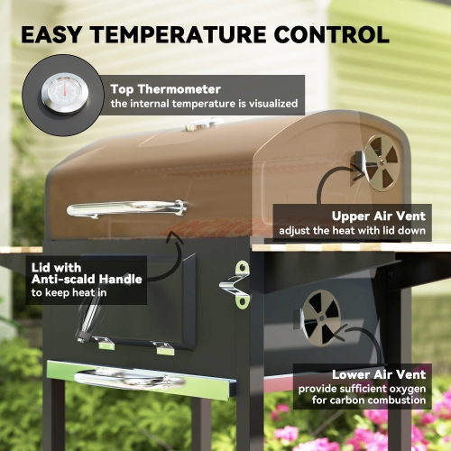 Outsunny Portable Outdoor Charcoal BBQ Grill with Adjustable Charcoal Pan, Barbecue Grill with Spacious Cooking Area, 3 Shelves, Thermometer, Wheels