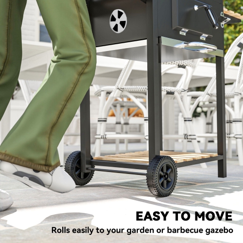 Outsunny Portable Outdoor Charcoal BBQ Grill with Adjustable Charcoal Pan, Barbecue Grill with Spacious Cooking Area, 3 Shelves, Thermometer, Wheels