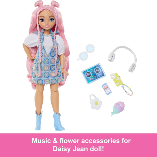 Poupée Barbie Dream besties et accessoires, poupée mode Posable Daisy Jean avec tenues amovibles et cheveux roses ondulés, 9 pièces sur le thème DJ