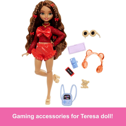 Barbie Dream Besties Doll & Accessories Playset, Teresa Posable Fashion Doll with Brown Hair & Hair Clips, 10 Video Game-Themed Pieces