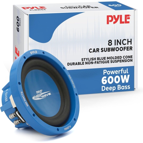 Image 1 de 6.. Haut-parleur extrêmes graves auto 8&nbsp;po Pyle PLBW84, bobine acoustique double 600&nbsp;W, cône moulé par injection bleu et panier chromé