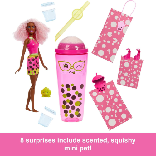 Poupée Barbie Pop Reveal et accessoires, série Bubble Tea avec poupée mode et animal de compagnie, 8 surprises incluant le changement de couleur,