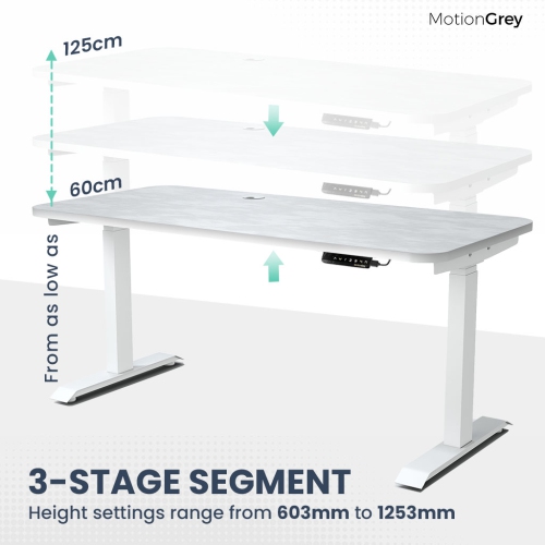 MotionGrey - Dual Motor Standing Desk with 4 Memory Settings, Adjustable Sit-Stand Computer Table for Home, Office & Gaming -65"x24" White Marble Top