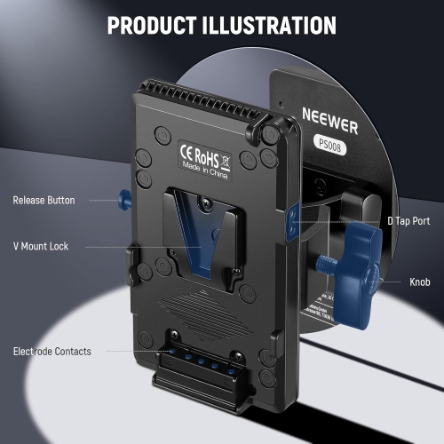 NEEWER PS008 K1 V-Mount Battery Plate Super Clamp Mount Pole Holder with D Tap to 3 Pin XLR Cable for Continuous Video Lighting Power Supply for