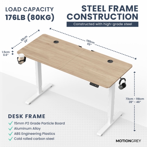 MotionGrey Ergo2 - Adjustable Electric Standing Desk with Memory Settings - 55" x 24" Light Brown Top White Frame - Ergonomic Desk for Home and