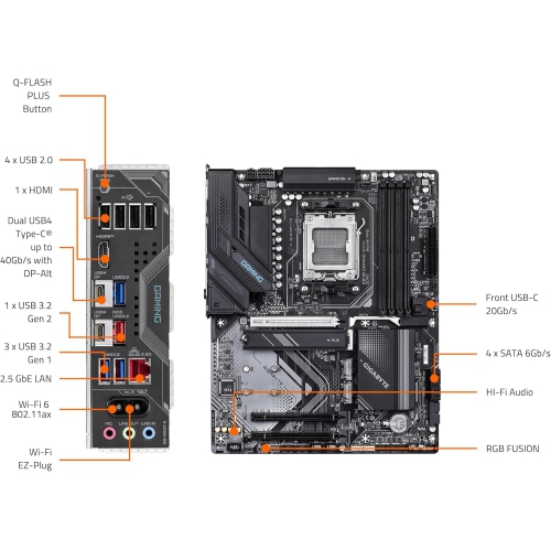 GIGABYTE X870 Gaming WIFI6 AMD AM5 LGA 1718 Motherboard, ATX, DDR5, 3X M.2, PCIe 5.0, USB4, WiFi 6, 2.5GbE LAN, EZ-Latch